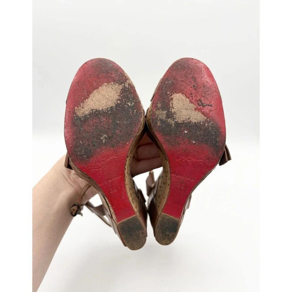 Christian Louboutin Cork Wedge Heels Brown Leather Bow Accent Size EU 35